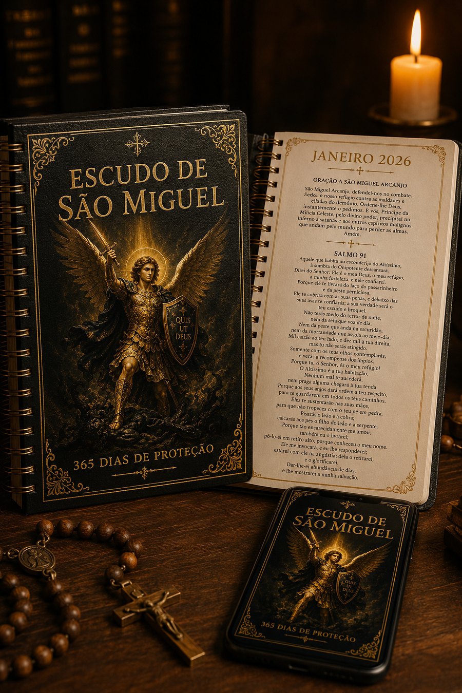 Devocional Escudo de São Miguel — 365 dias de proteção, com terço e vela acesa